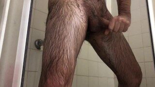 Very hairy man have a shower massage dick and ball and butt